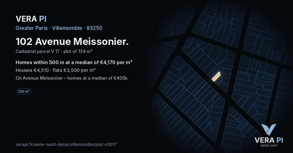 102 Avenue Meissonier, Villemomble at night – the plot lit, the parcels around coloured by the prices near them