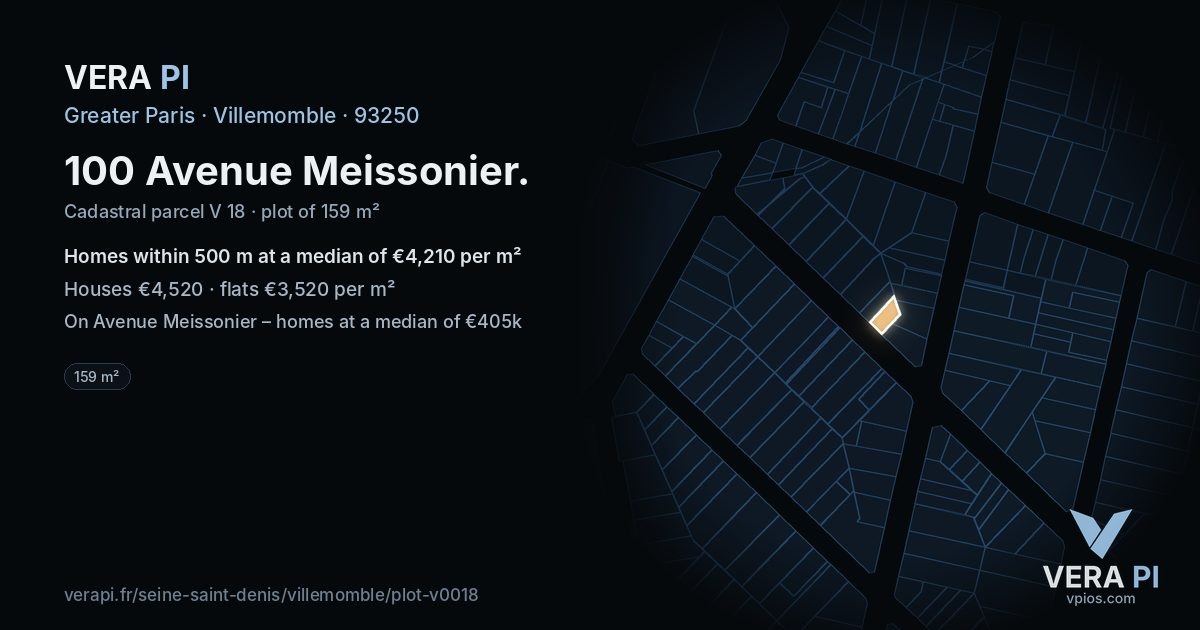 100 Avenue Meissonier, Villemomble at night – the plot lit, the parcels around coloured by the prices near them