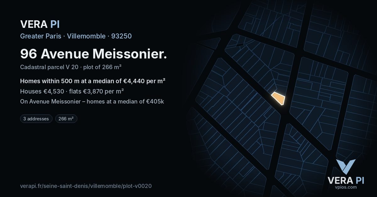 96 Avenue Meissonier, Villemomble at night – the plot lit, the parcels around coloured by the prices near them