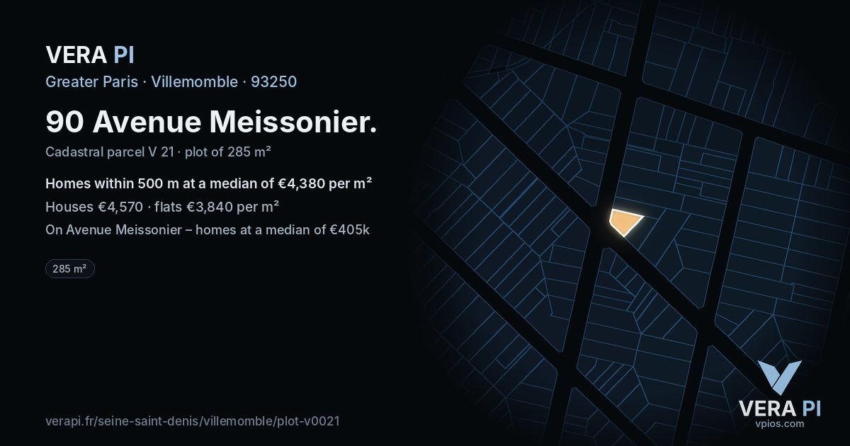 90 Avenue Meissonier, Villemomble at night – the plot lit, the parcels around coloured by the prices near them