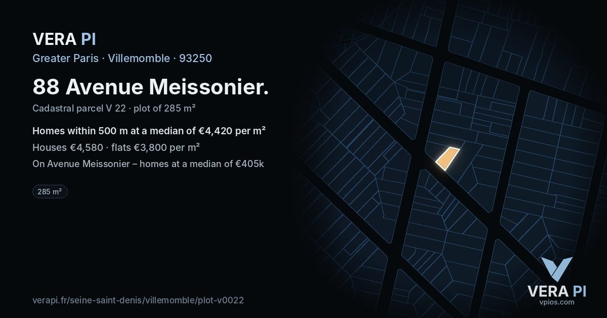 88 Avenue Meissonier, Villemomble at night – the plot lit, the parcels around coloured by the prices near them