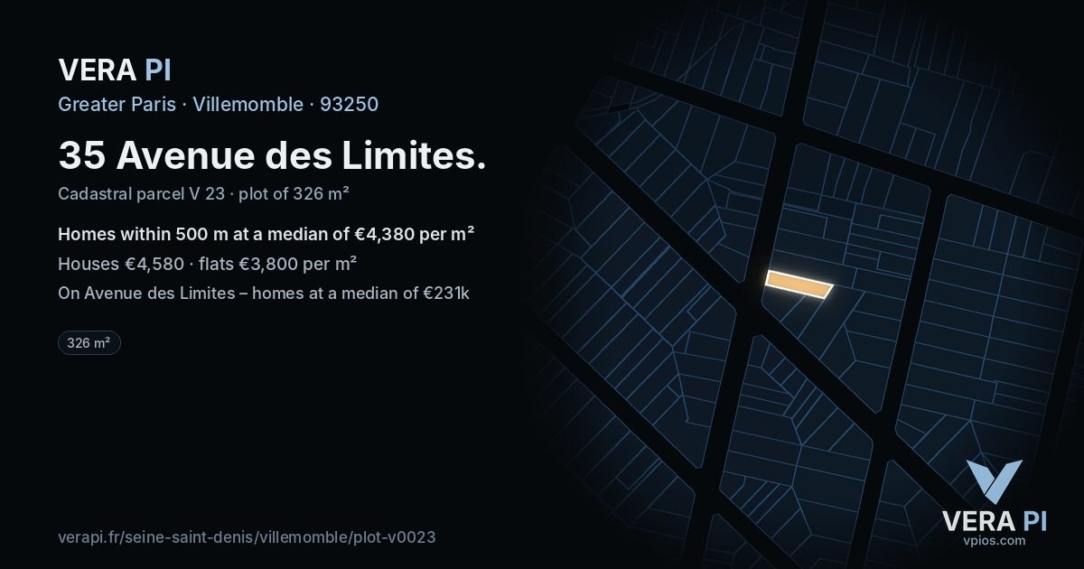 35 Avenue des Limites, Villemomble at night – the plot lit, the parcels around coloured by the prices near them