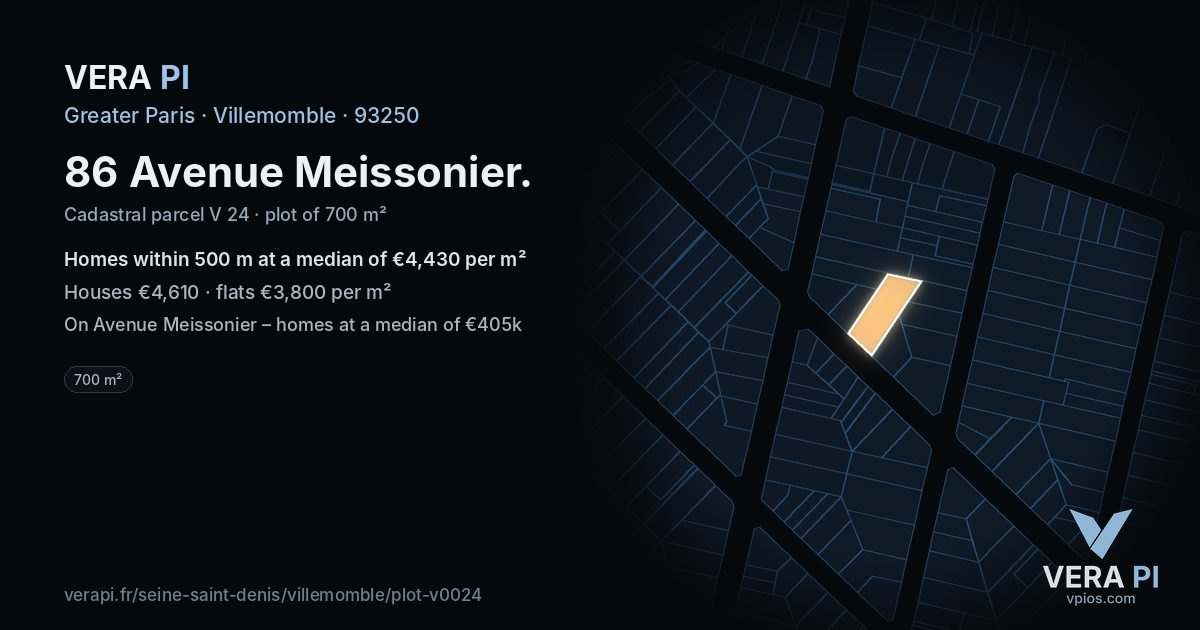 86 Avenue Meissonier, Villemomble at night – the plot lit, the parcels around coloured by the prices near them
