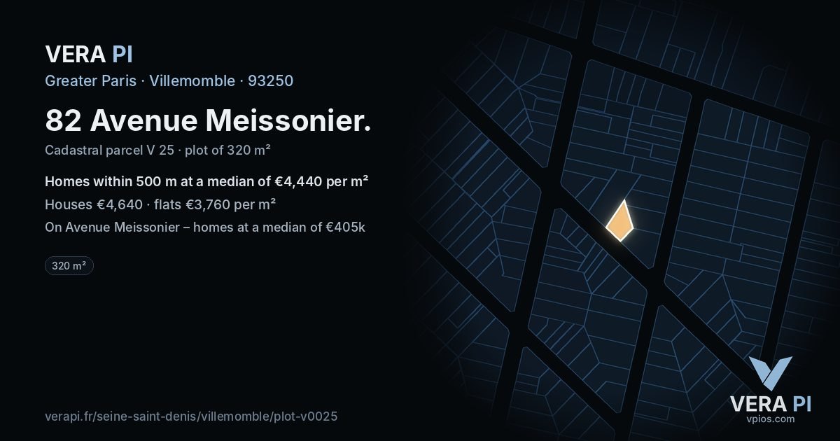 82 Avenue Meissonier, Villemomble at night – the plot lit, the parcels around coloured by the prices near them