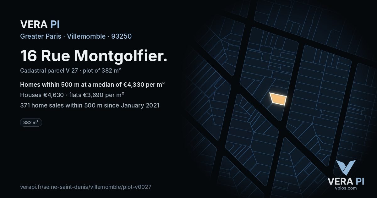 16 Rue Montgolfier, Villemomble at night – the plot lit, the parcels around coloured by the prices near them