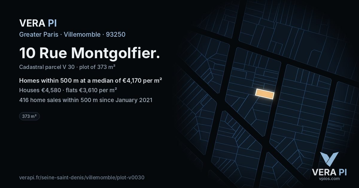 10 Rue Montgolfier, Villemomble at night – the plot lit, the parcels around coloured by the prices near them