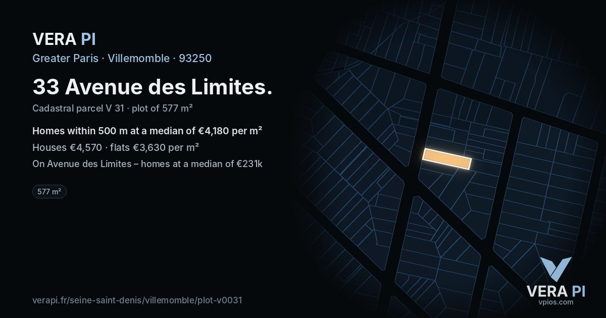 33 Avenue des Limites, Villemomble at night – the plot lit, the parcels around coloured by the prices near them