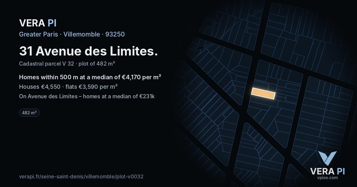 31 Avenue des Limites, Villemomble at night – the plot lit, the parcels around coloured by the prices near them
