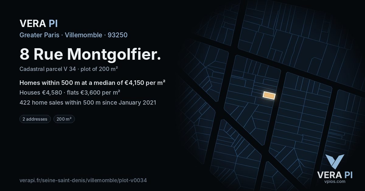 8 Rue Montgolfier, Villemomble at night – the plot lit, the parcels around coloured by the prices near them