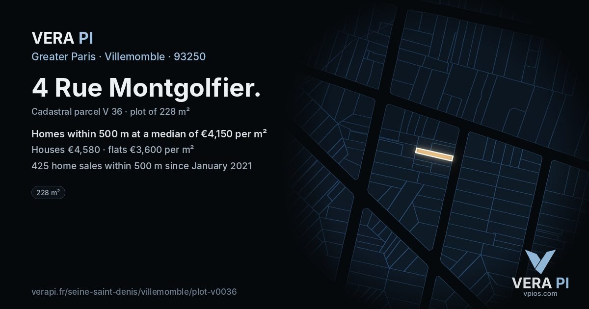 4 Rue Montgolfier, Villemomble at night – the plot lit, the parcels around coloured by the prices near them
