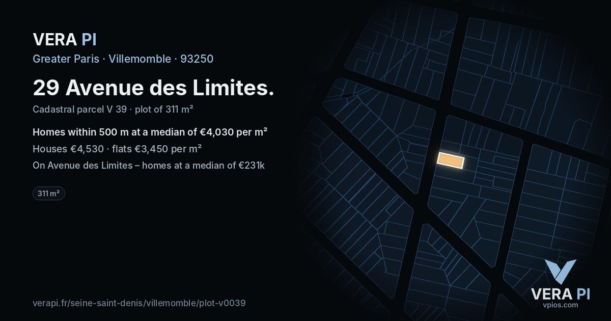 29 Avenue des Limites, Villemomble at night – the plot lit, the parcels around coloured by the prices near them
