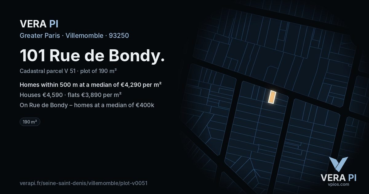 101 Rue de Bondy, Villemomble at night – the plot lit, the parcels around coloured by the prices near them
