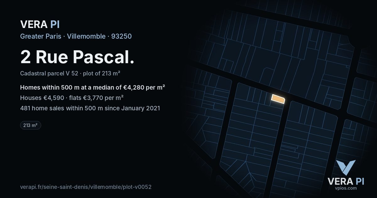 2 Rue Pascal, Villemomble at night – the plot lit, the parcels around coloured by the prices near them
