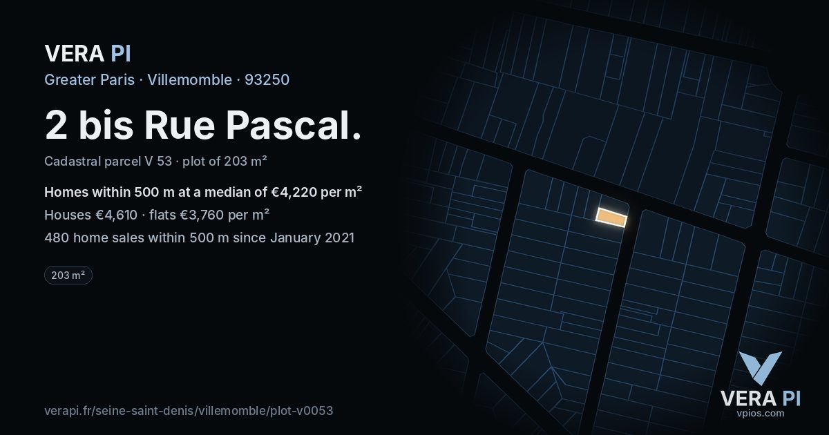 2 bis Rue Pascal, Villemomble at night – the plot lit, the parcels around coloured by the prices near them