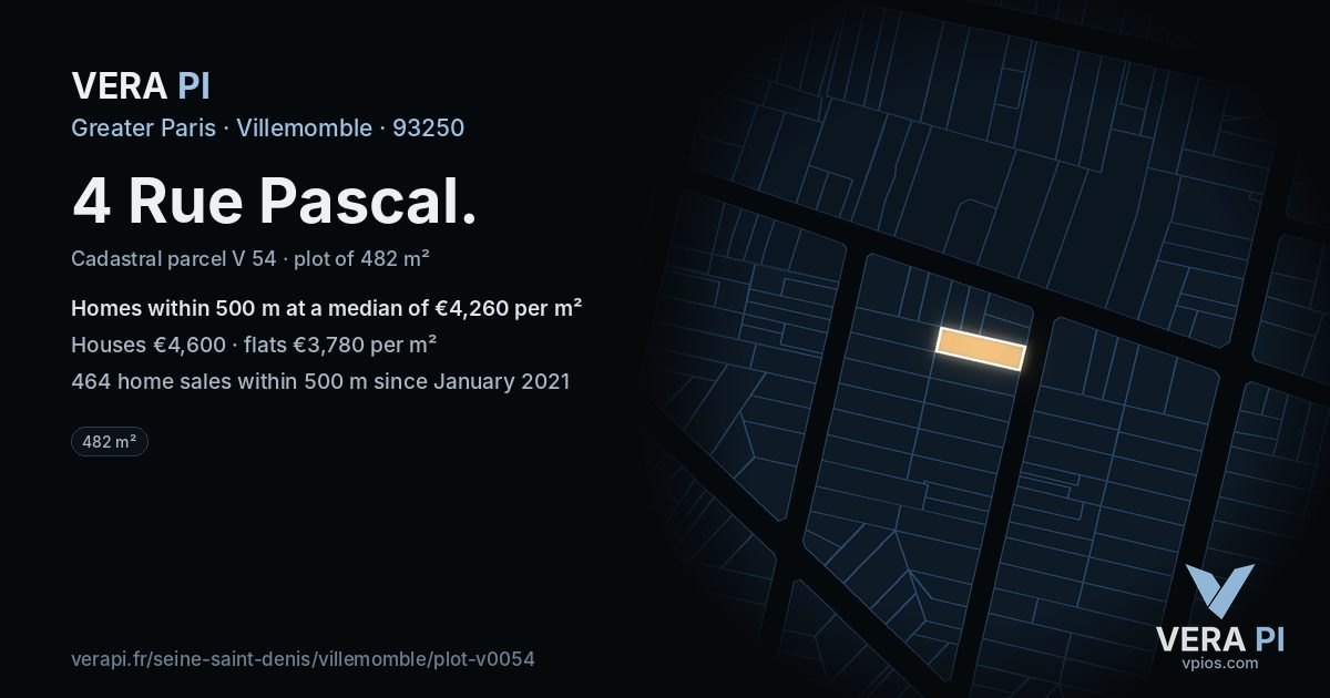 4 Rue Pascal, Villemomble at night – the plot lit, the parcels around coloured by the prices near them