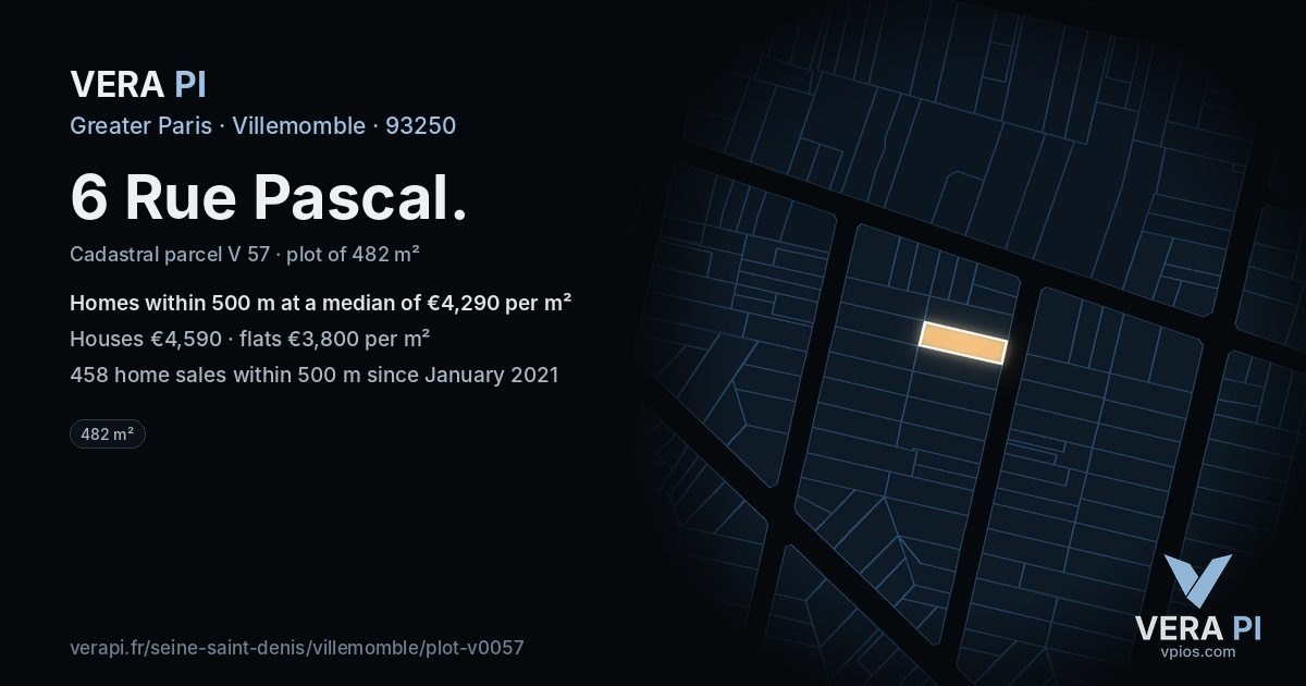 6 Rue Pascal, Villemomble at night – the plot lit, the parcels around coloured by the prices near them