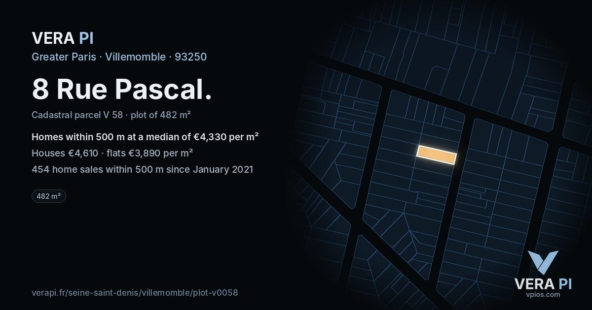 8 Rue Pascal, Villemomble at night – the plot lit, the parcels around coloured by the prices near them