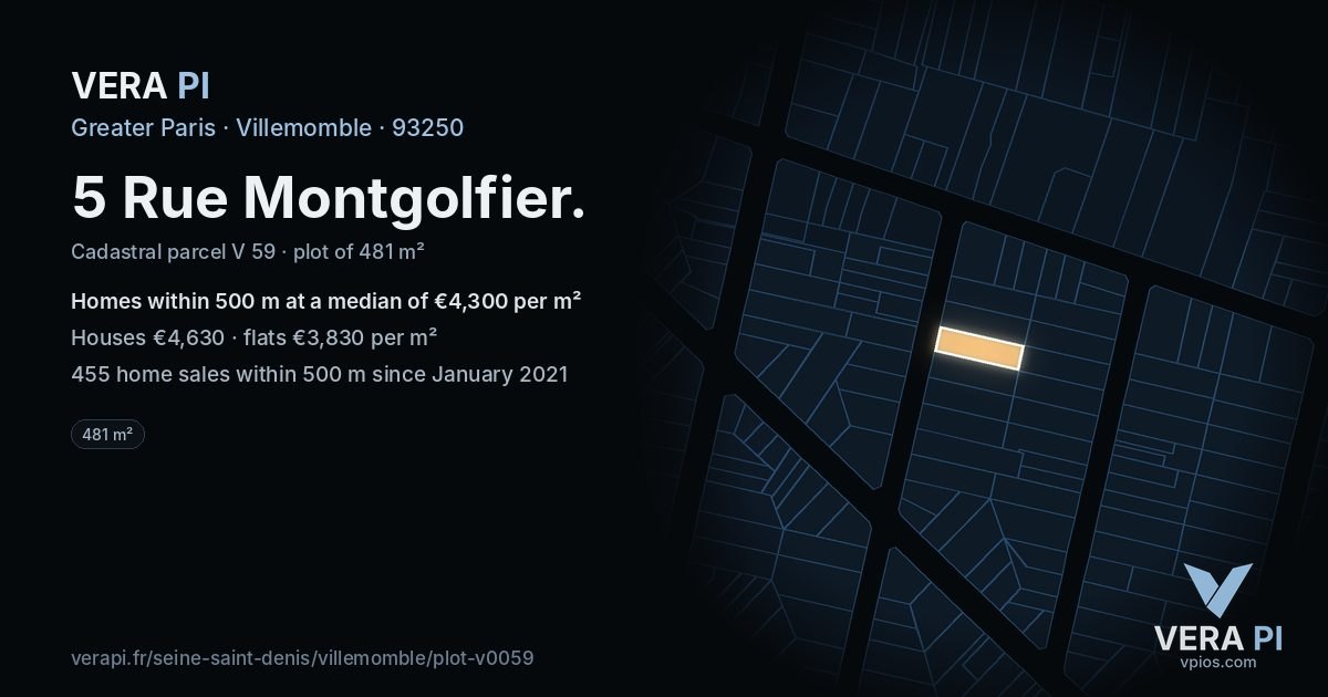 5 Rue Montgolfier, Villemomble at night – the plot lit, the parcels around coloured by the prices near them