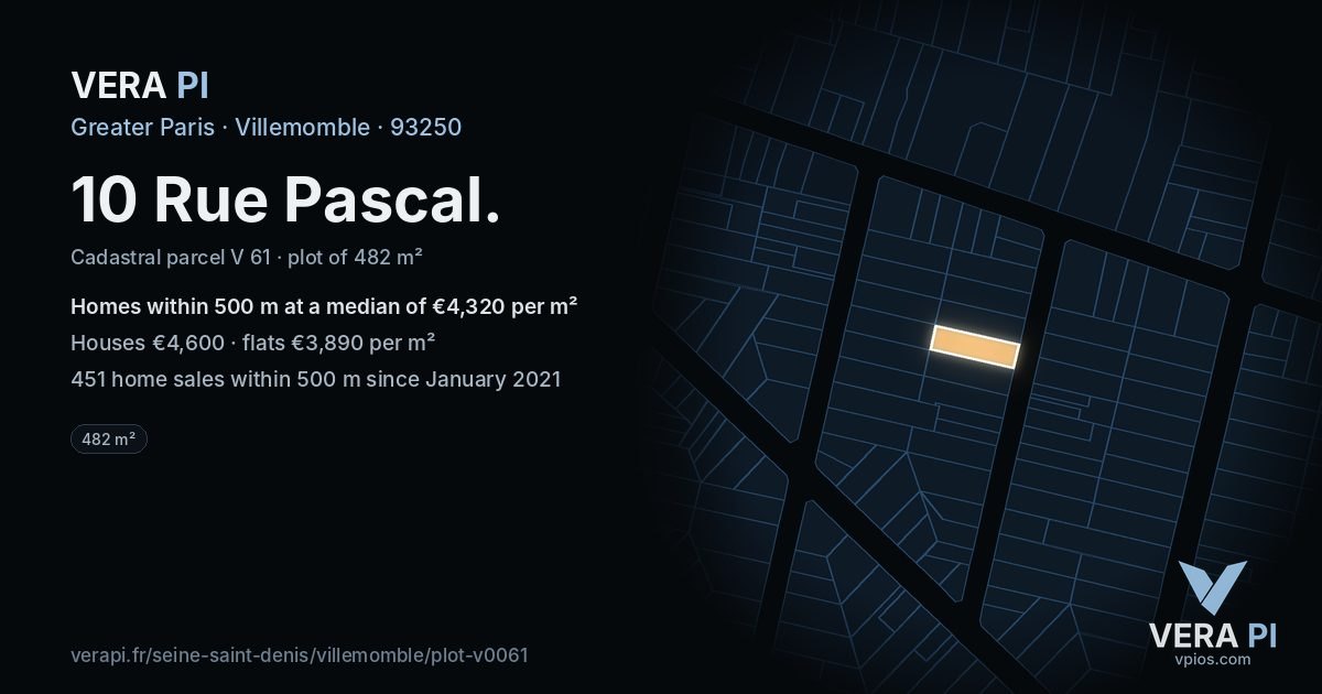 10 Rue Pascal, Villemomble at night – the plot lit, the parcels around coloured by the prices near them