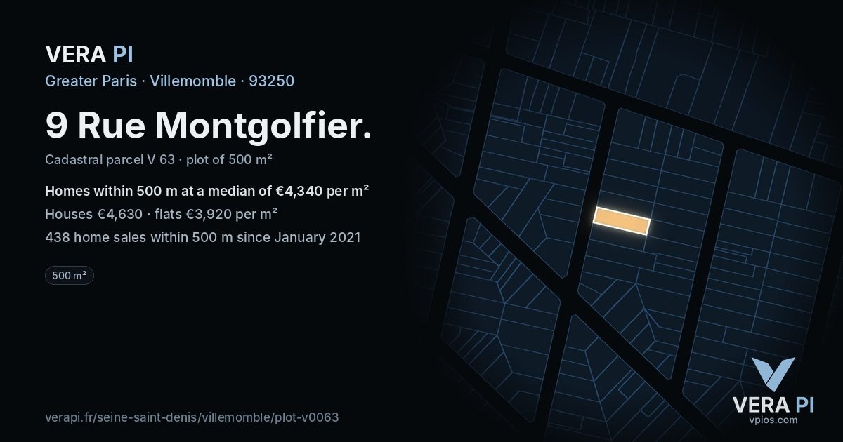 9 Rue Montgolfier, Villemomble at night – the plot lit, the parcels around coloured by the prices near them