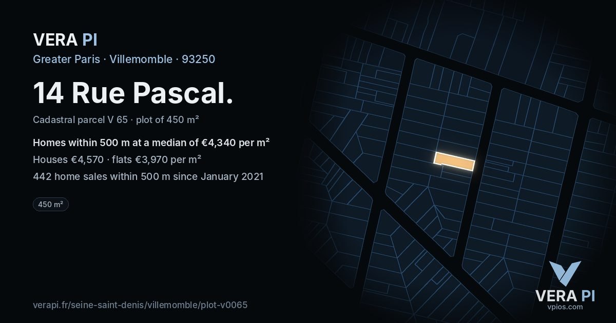 14 Rue Pascal, Villemomble at night – the plot lit, the parcels around coloured by the prices near them