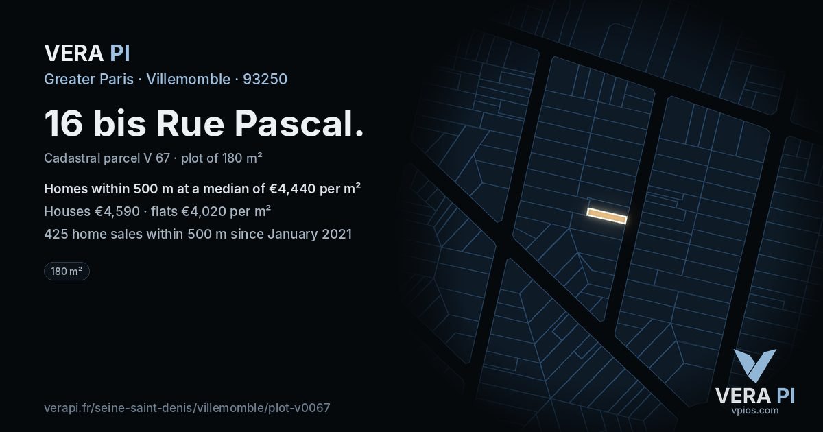 16 bis Rue Pascal, Villemomble at night – the plot lit, the parcels around coloured by the prices near them