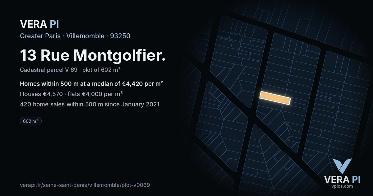 13 Rue Montgolfier, Villemomble at night – the plot lit, the parcels around coloured by the prices near them
