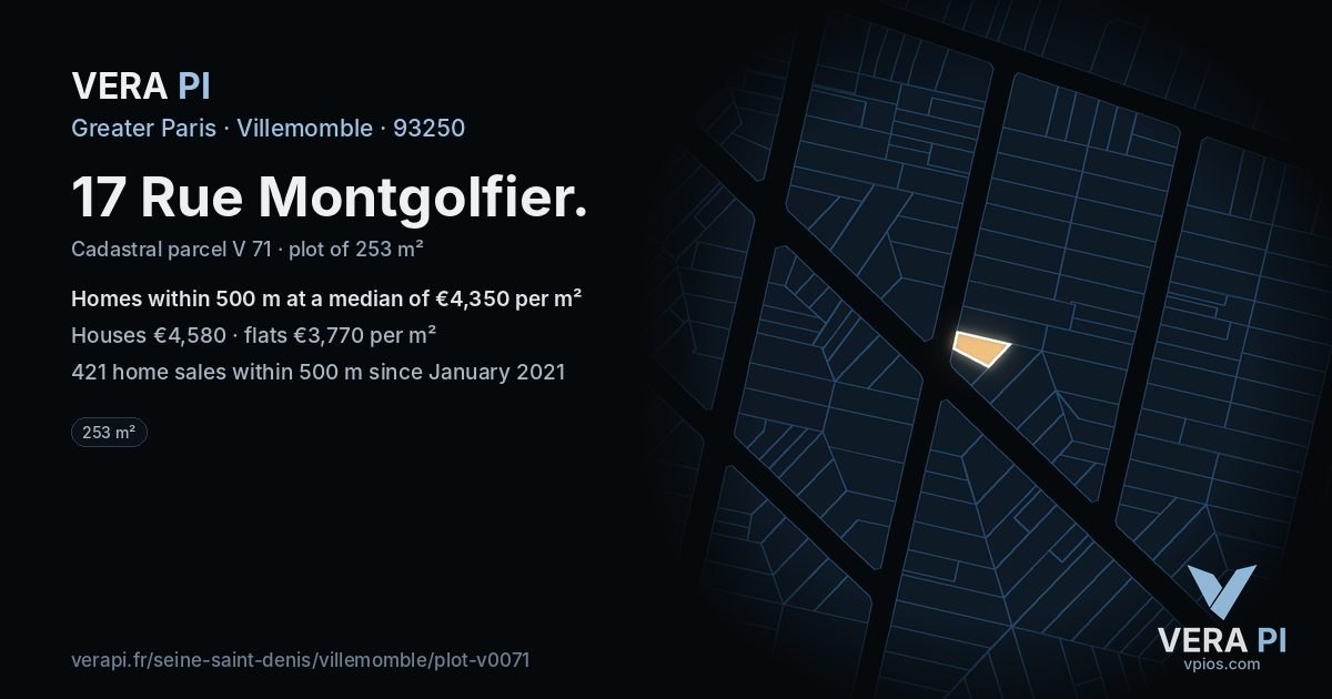 17 Rue Montgolfier, Villemomble at night – the plot lit, the parcels around coloured by the prices near them