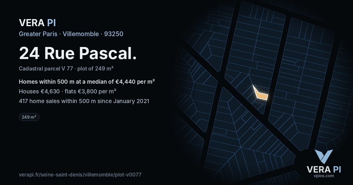 24 Rue Pascal, Villemomble at night – the plot lit, the parcels around coloured by the prices near them