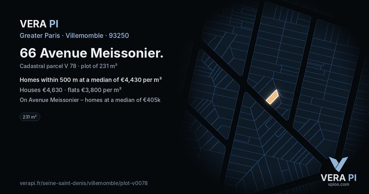 66 Avenue Meissonier, Villemomble at night – the plot lit, the parcels around coloured by the prices near them