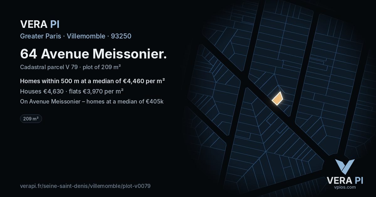 64 Avenue Meissonier, Villemomble at night – the plot lit, the parcels around coloured by the prices near them
