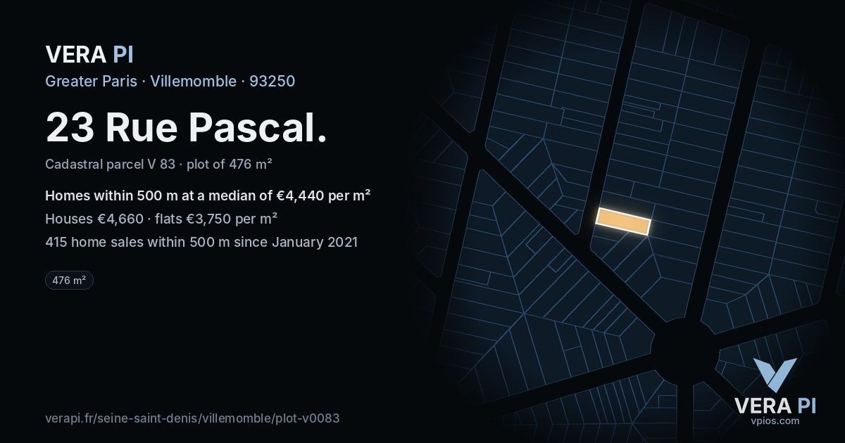 23 Rue Pascal, Villemomble at night – the plot lit, the parcels around coloured by the prices near them