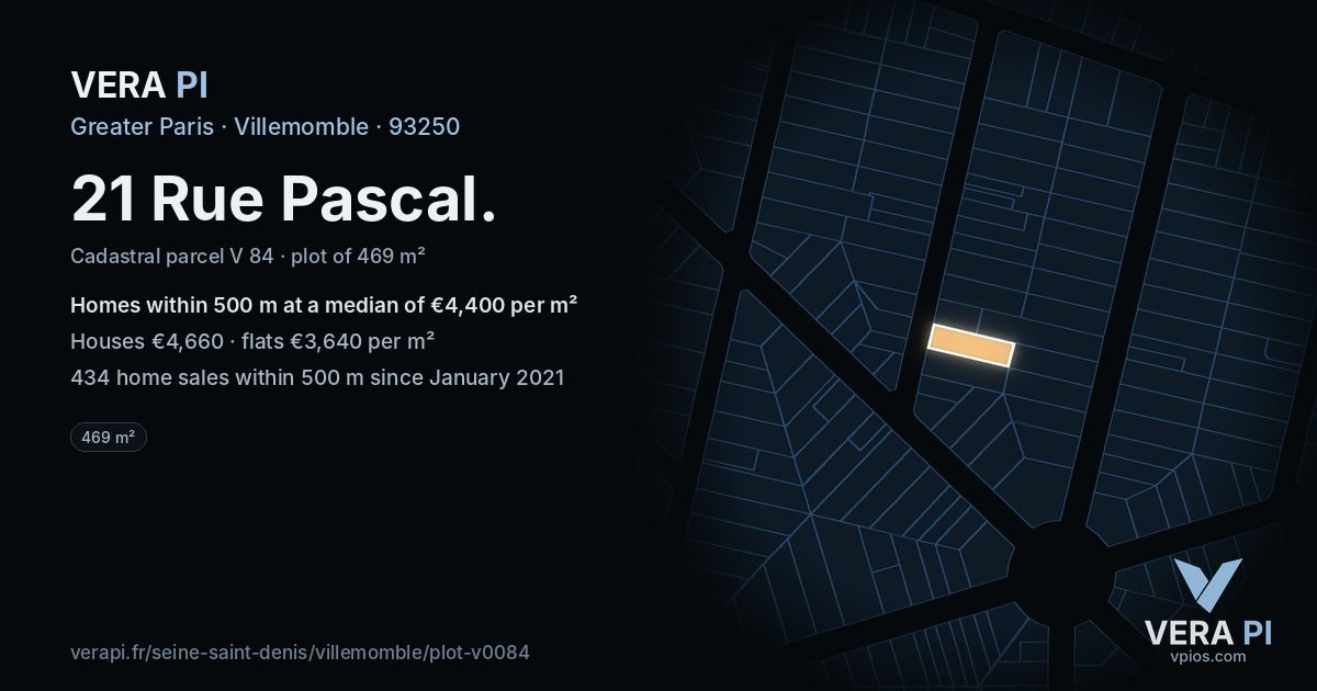 21 Rue Pascal, Villemomble at night – the plot lit, the parcels around coloured by the prices near them