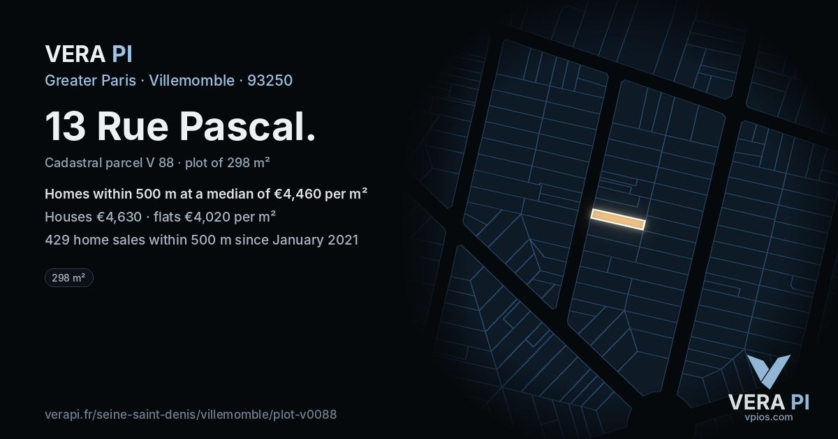 13 Rue Pascal, Villemomble at night – the plot lit, the parcels around coloured by the prices near them