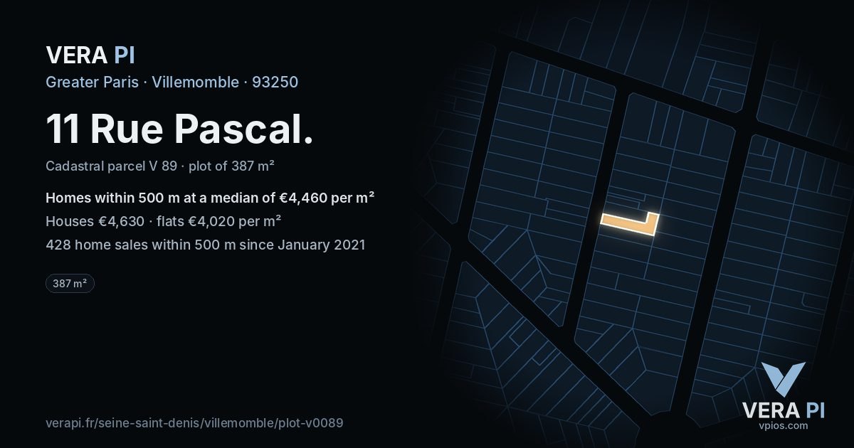 11 Rue Pascal, Villemomble at night – the plot lit, the parcels around coloured by the prices near them