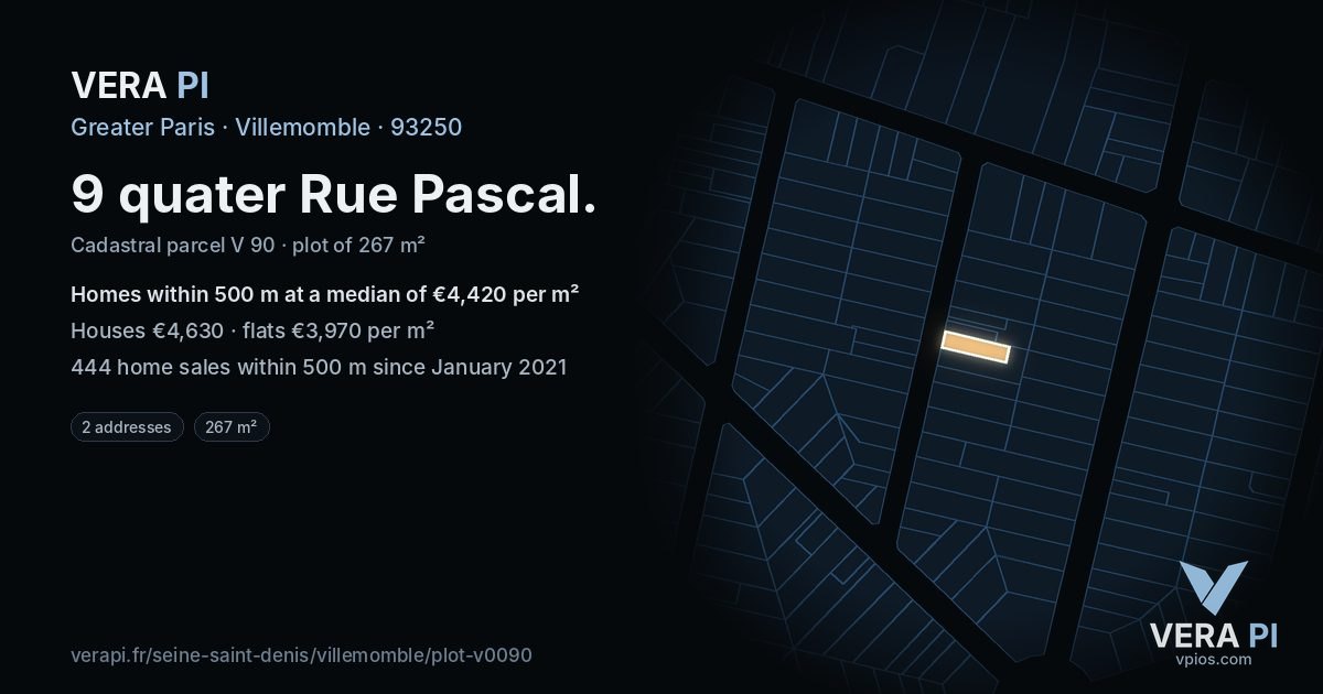 9 quater Rue Pascal, Villemomble at night – the plot lit, the parcels around coloured by the prices near them