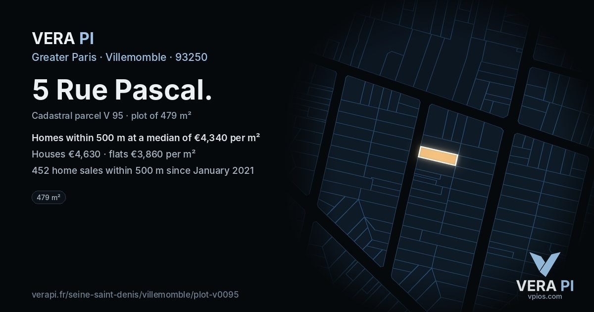5 Rue Pascal, Villemomble at night – the plot lit, the parcels around coloured by the prices near them