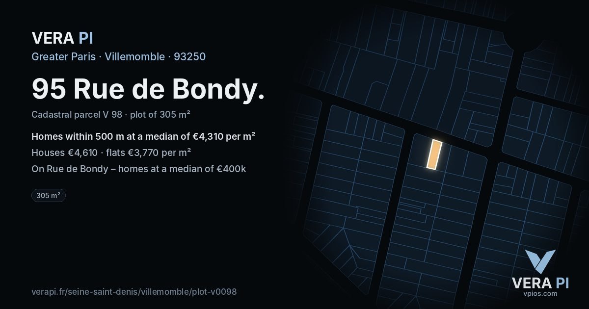 95 Rue de Bondy, Villemomble at night – the plot lit, the parcels around coloured by the prices near them
