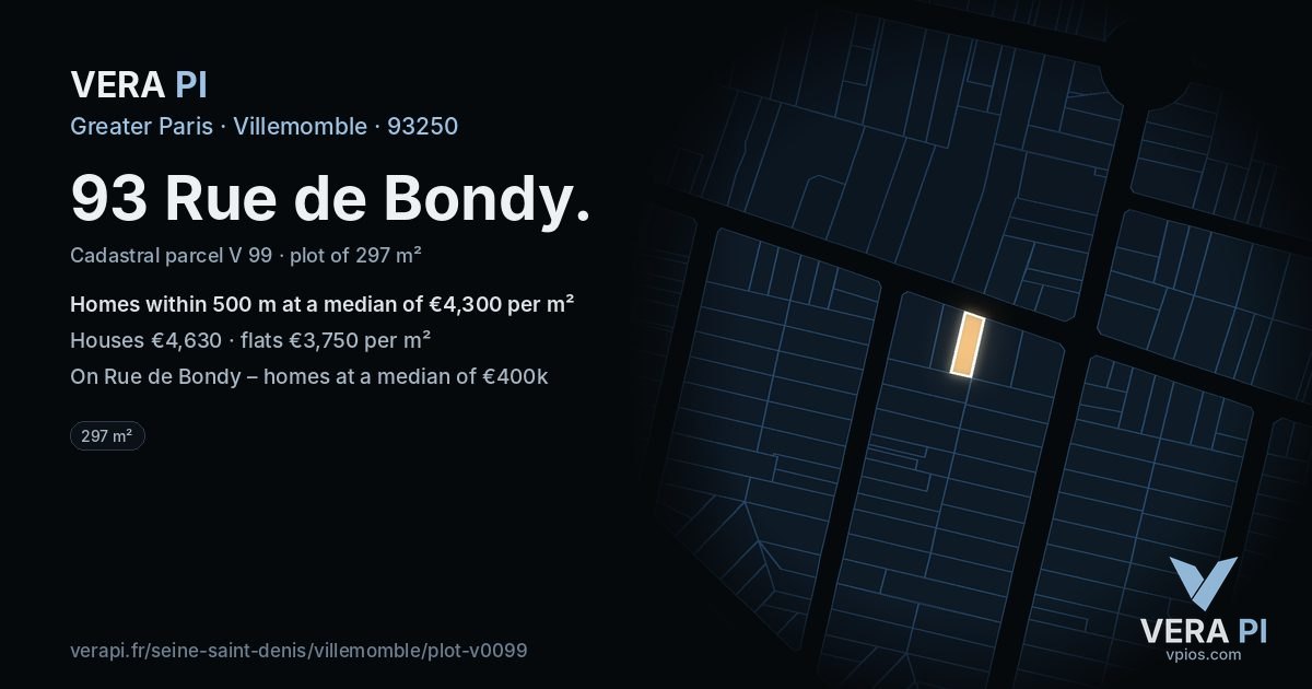 93 Rue de Bondy, Villemomble at night – the plot lit, the parcels around coloured by the prices near them