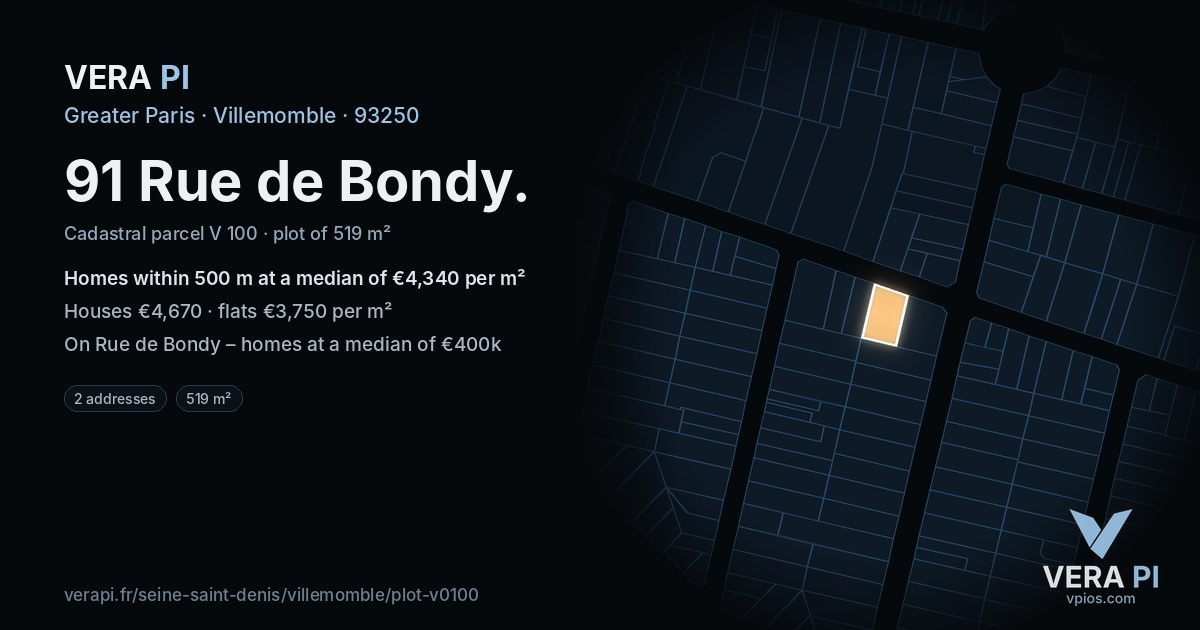91 Rue de Bondy, Villemomble at night – the plot lit, the parcels around coloured by the prices near them