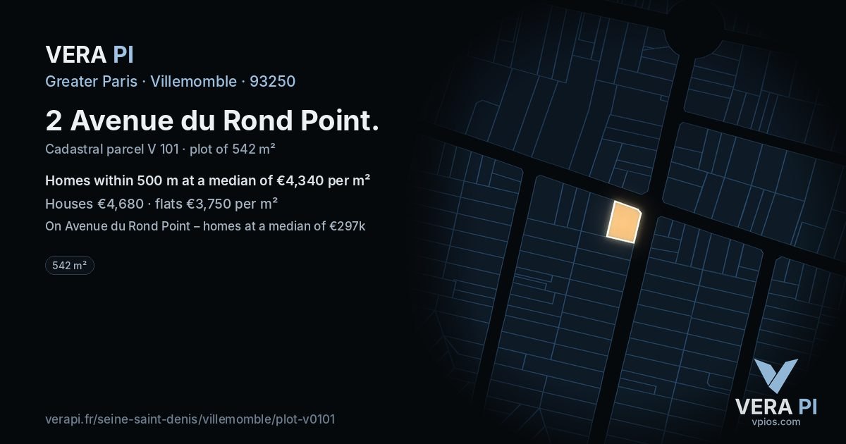 2 Avenue du Rond Point, Villemomble at night – the plot lit, the parcels around coloured by the prices near them
