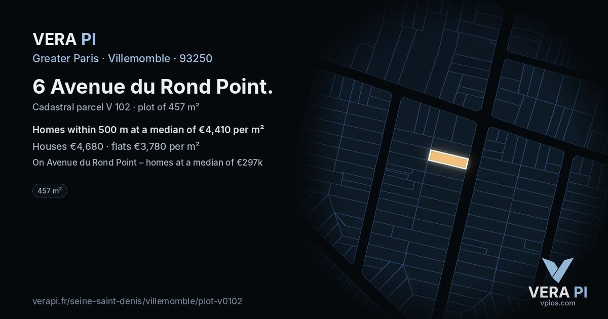 6 Avenue du Rond Point, Villemomble at night – the plot lit, the parcels around coloured by the prices near them