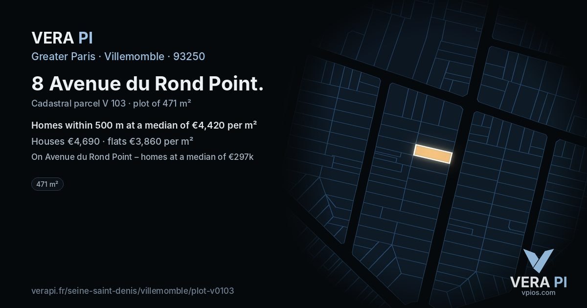 8 Avenue du Rond Point, Villemomble at night – the plot lit, the parcels around coloured by the prices near them