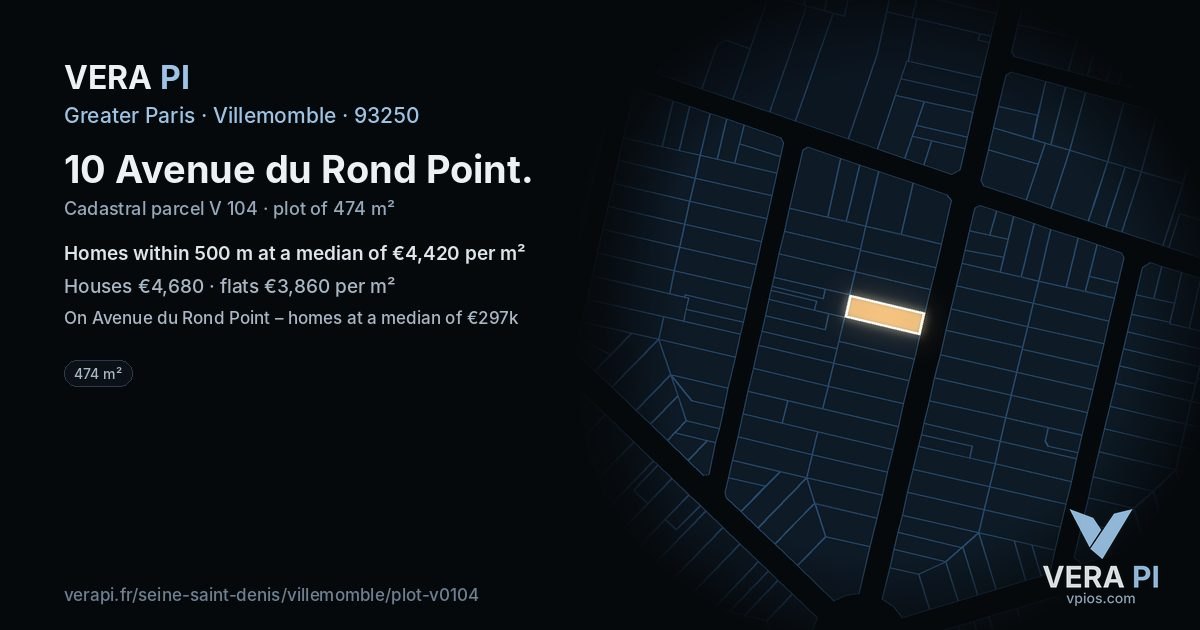10 Avenue du Rond Point, Villemomble at night – the plot lit, the parcels around coloured by the prices near them