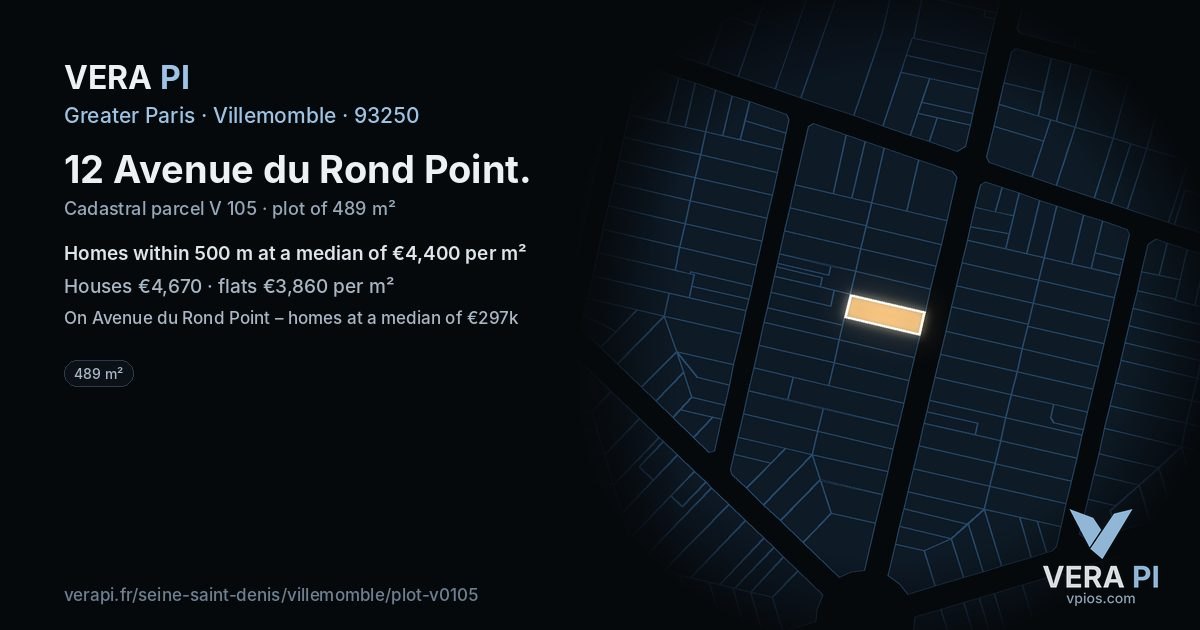 12 Avenue du Rond Point, Villemomble at night – the plot lit, the parcels around coloured by the prices near them