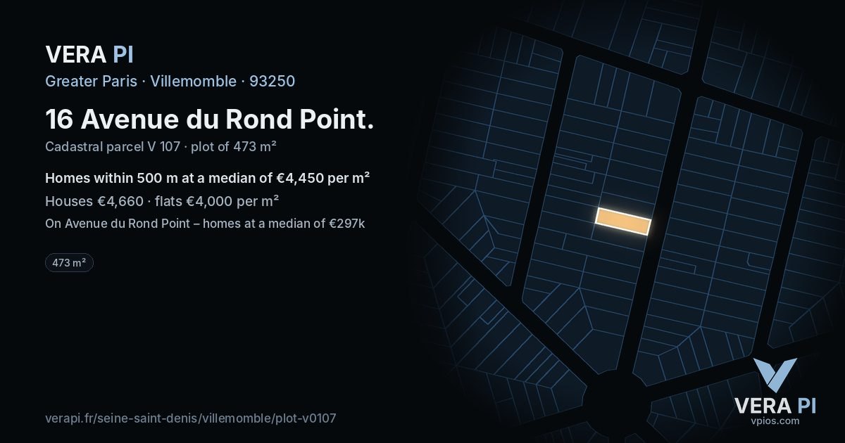 16 Avenue du Rond Point, Villemomble at night – the plot lit, the parcels around coloured by the prices near them