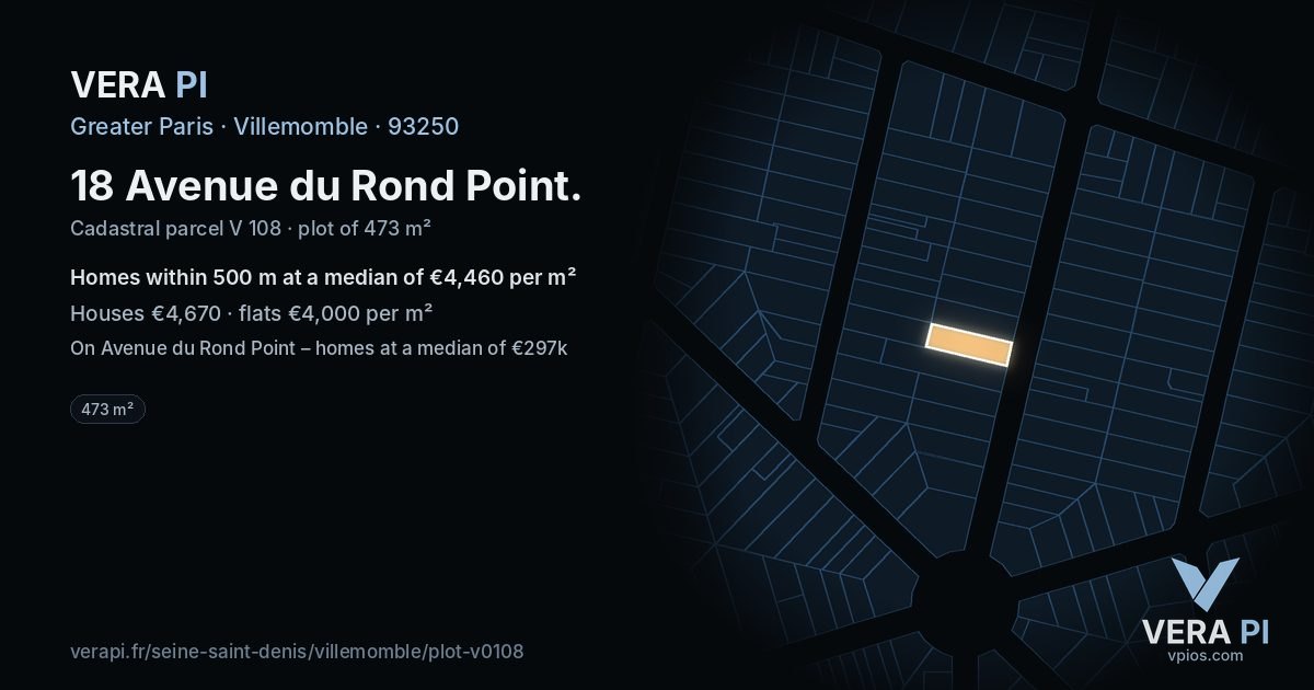 18 Avenue du Rond Point, Villemomble at night – the plot lit, the parcels around coloured by the prices near them