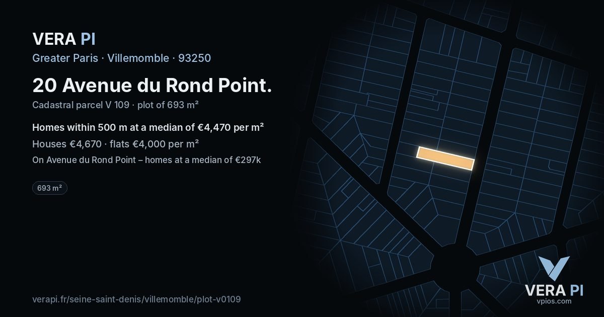 20 Avenue du Rond Point, Villemomble at night – the plot lit, the parcels around coloured by the prices near them
