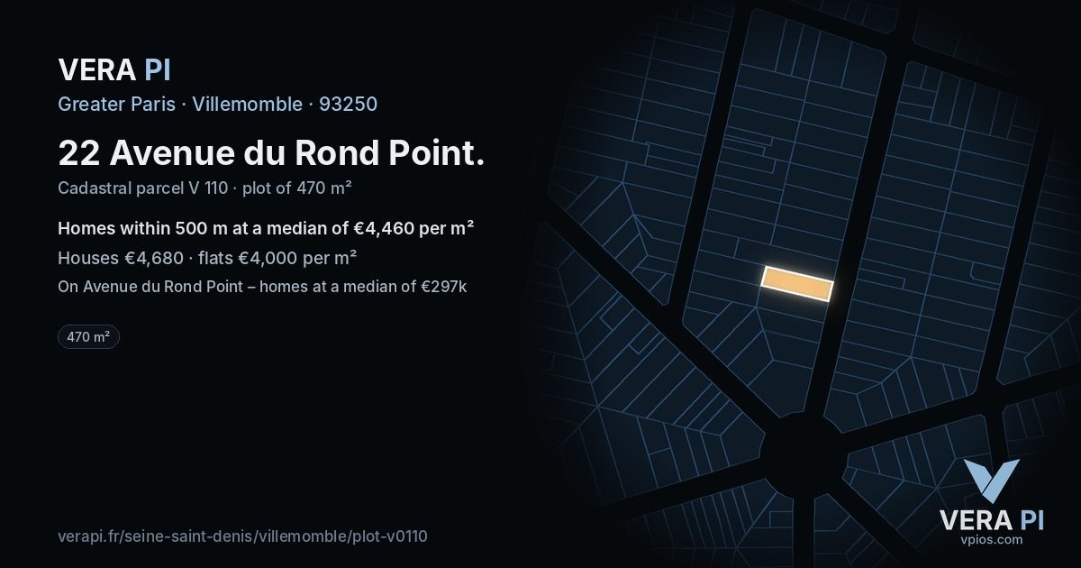 22 Avenue du Rond Point, Villemomble at night – the plot lit, the parcels around coloured by the prices near them
