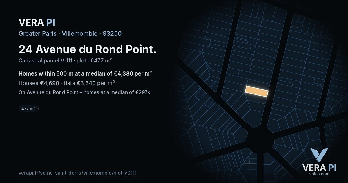 24 Avenue du Rond Point, Villemomble at night – the plot lit, the parcels around coloured by the prices near them